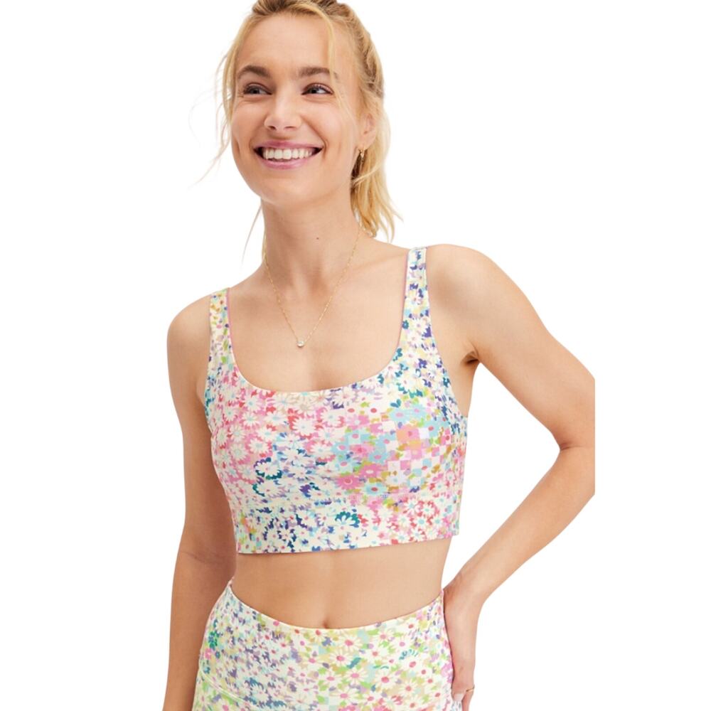 Fabletics Harlyn Floral / Pink Midi Medium Impact Reversible Sports Bra